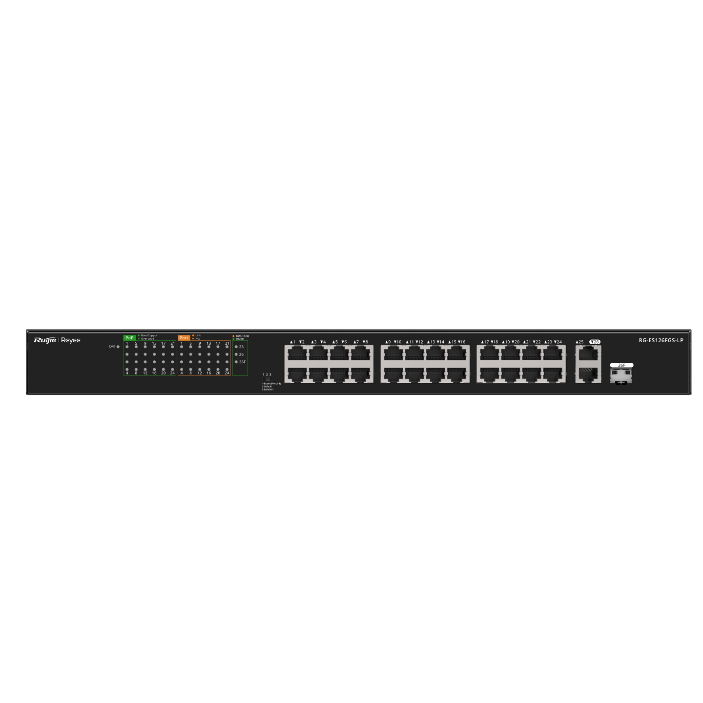 RG-ES126FGS-LP, 24-Port 10/100 Mbps with 2-Port Gigabit Unmanaged PoE Switch