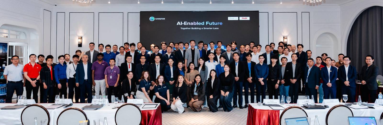 Ruijie, Sangfor, and Sysmatik IT Solution AI-Enabled Future seminar group photo in Laos
