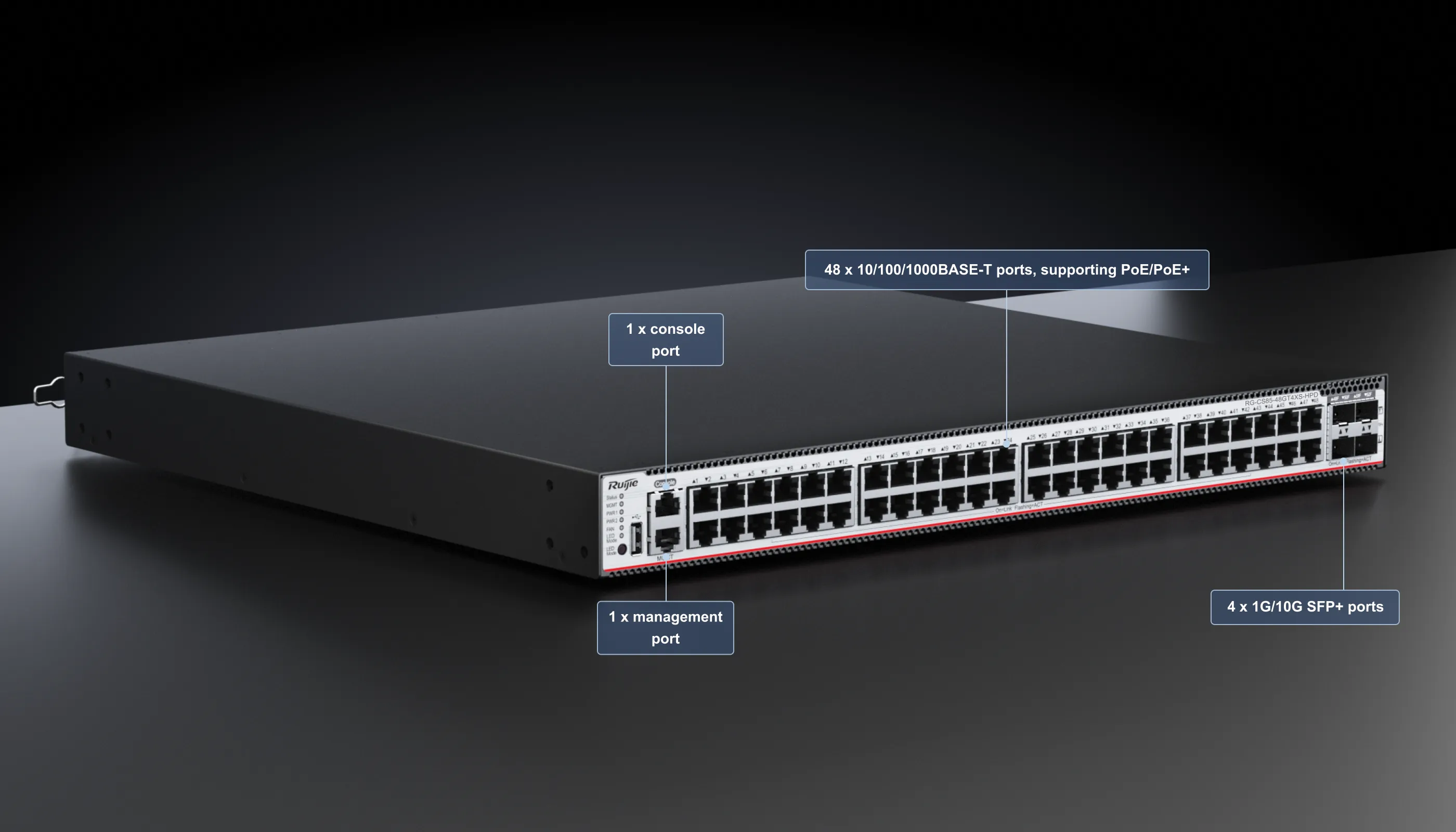 RG-CS85-48GT4XS-HPD, 48-port 1GE RJ45 Layer 3 Enterprise-Class PoE